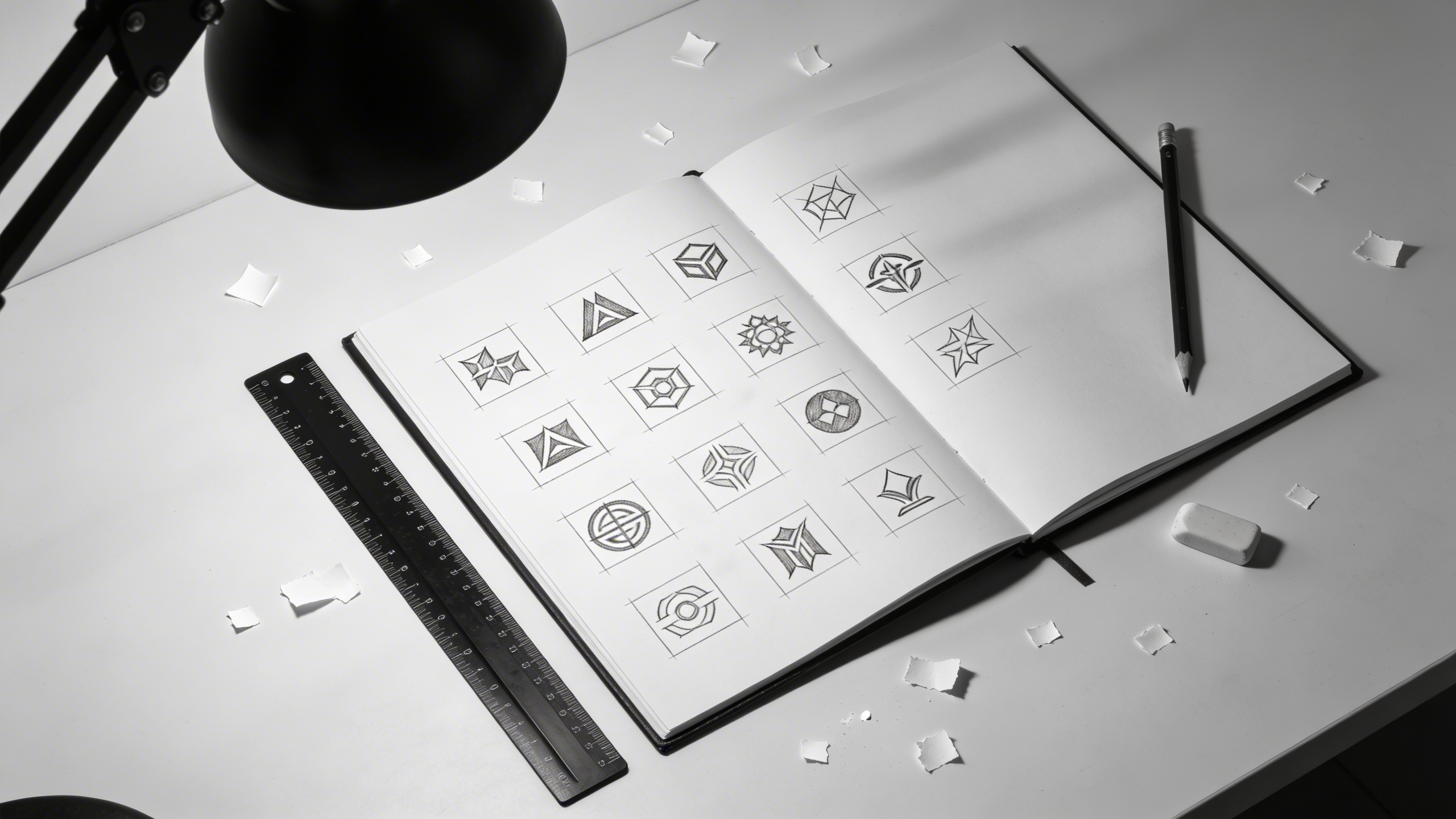 black and white logo sketchbook on desk