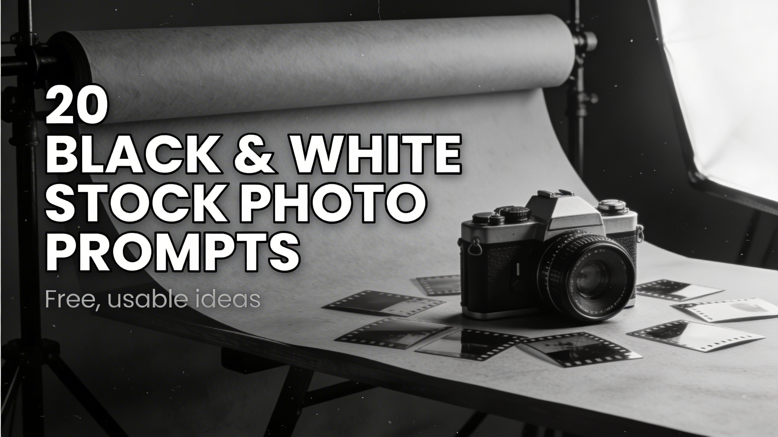 Grab 20 free black and white stock photo prompts you can paste into Stockimg.ai to generate clean, licensing-friendly monochrome images for blogs, ads, and social posts.