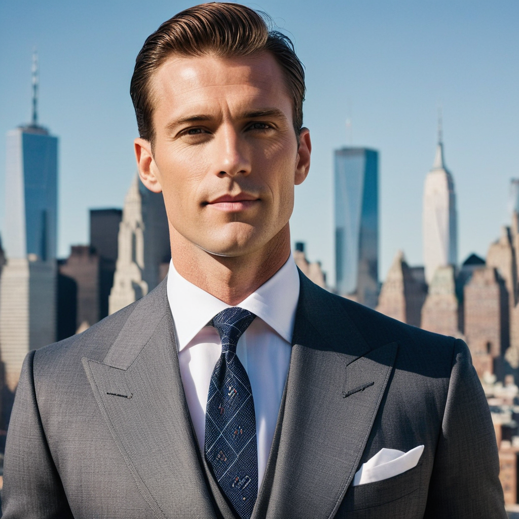 A close-up portrait of a handsome man in his late 30s, standing confidently in front of a panoramic view of the Manhattan skyline on a clear day