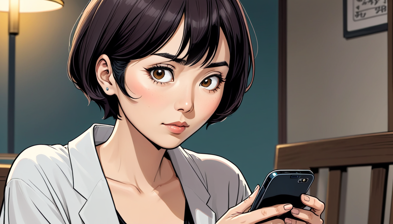a 30 year old Japanese woman, droopy eyes, very short hair, using smartphone