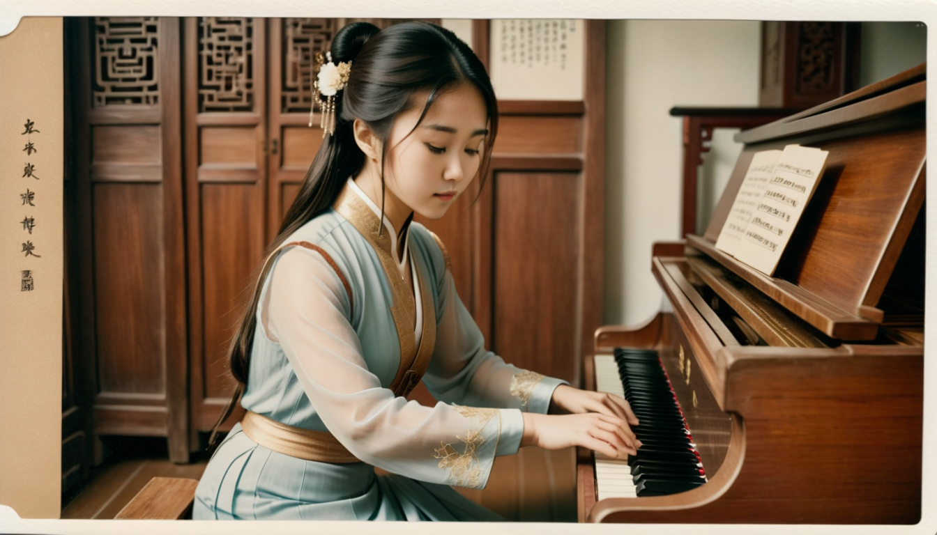 a young Chinese woman is seated at a wooden-colored piano